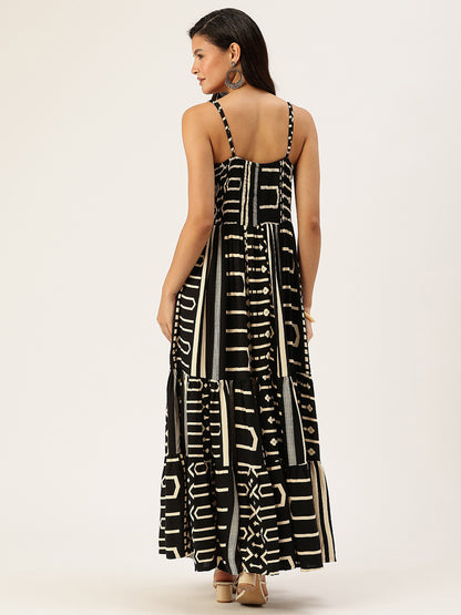 Black Geometric Printed Fit & Flare Midi Dress