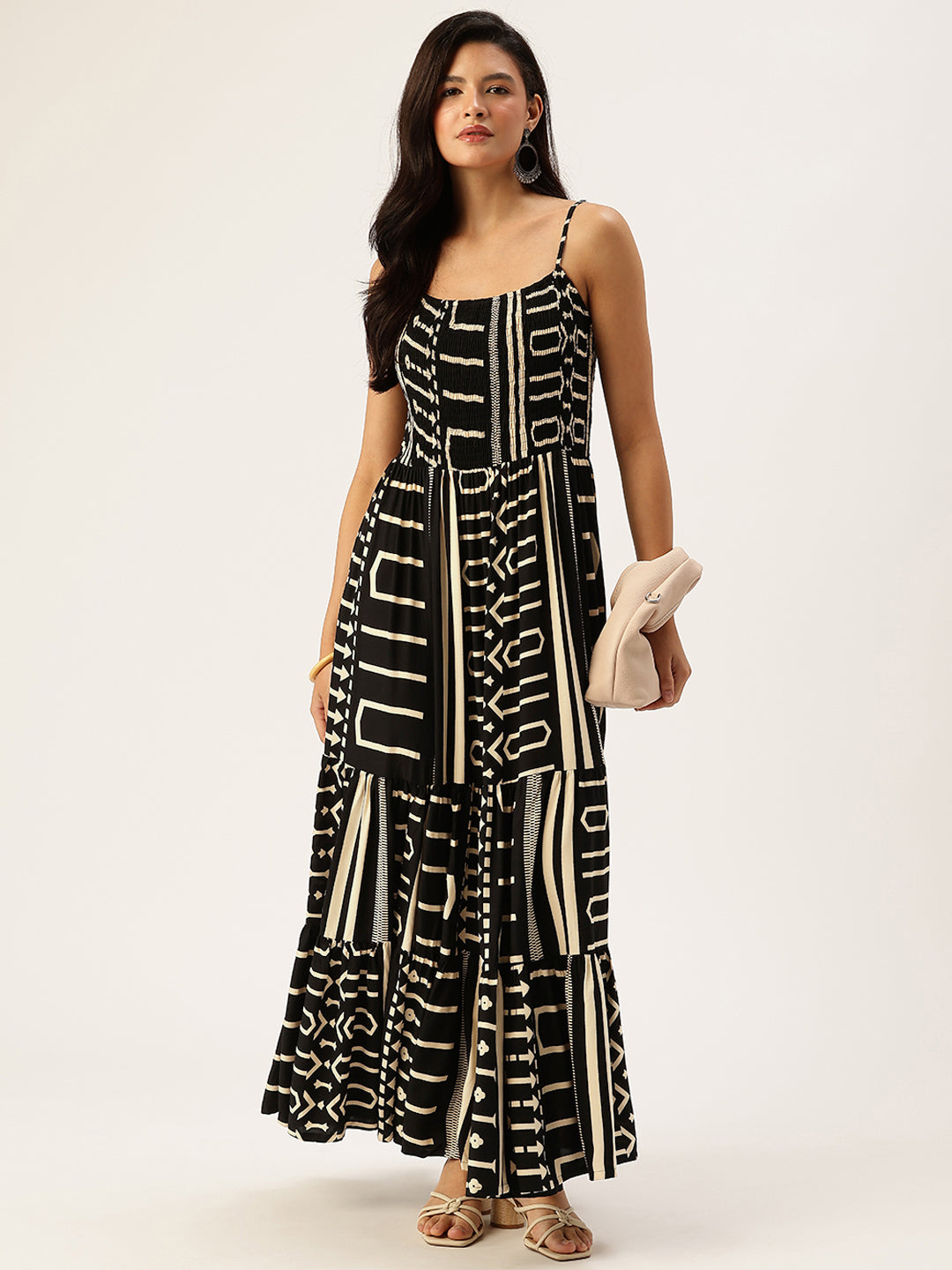 Black Geometric Printed Fit & Flare Midi Dress