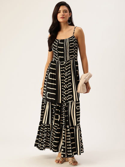 Black Geometric Printed Fit & Flare Midi Dress