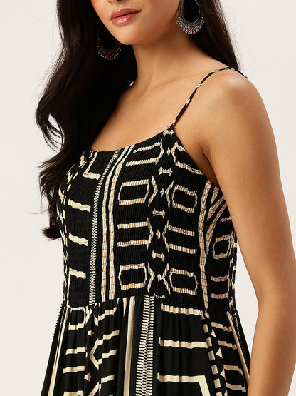 Black Geometric Printed Fit & Flare Midi Dress