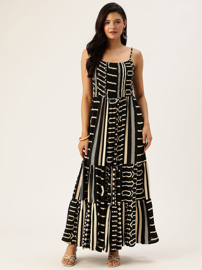 Black Geometric Printed Fit & Flare Midi Dress