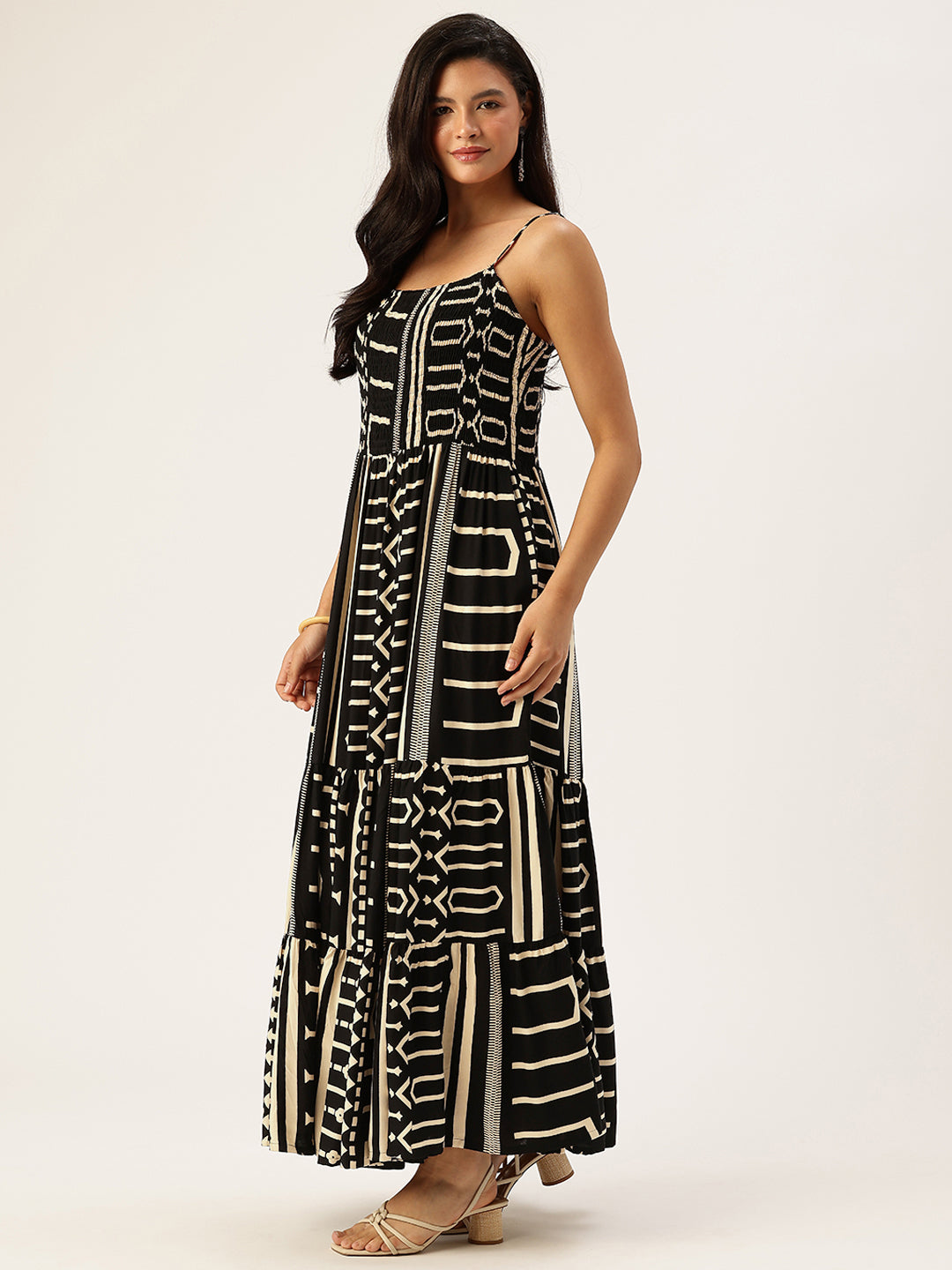Black Geometric Printed Fit & Flare Midi Dress