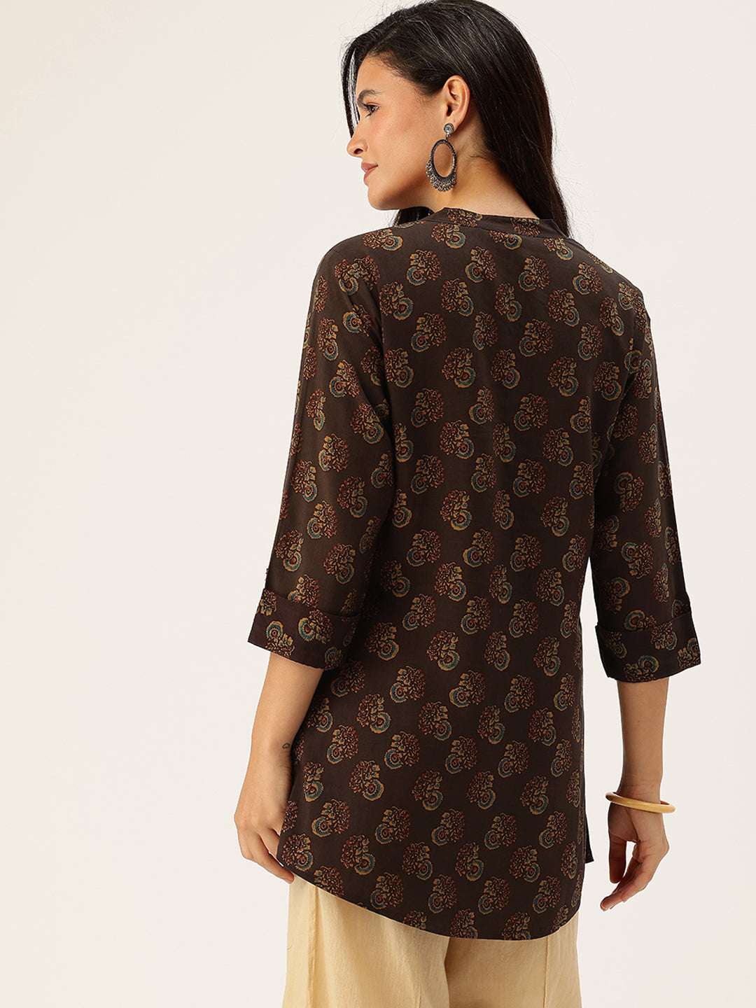 Brown Butti Printed Mandarin Collar Tunic