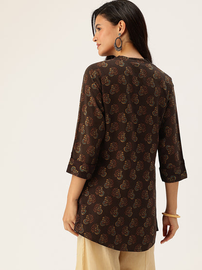 Brown Butti Printed Mandarin Collar Tunic