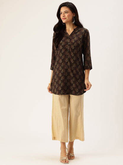 Brown Butti Printed Mandarin Collar Tunic