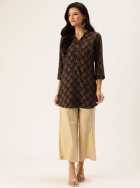 Brown Butti Printed Mandarin Collar Tunic