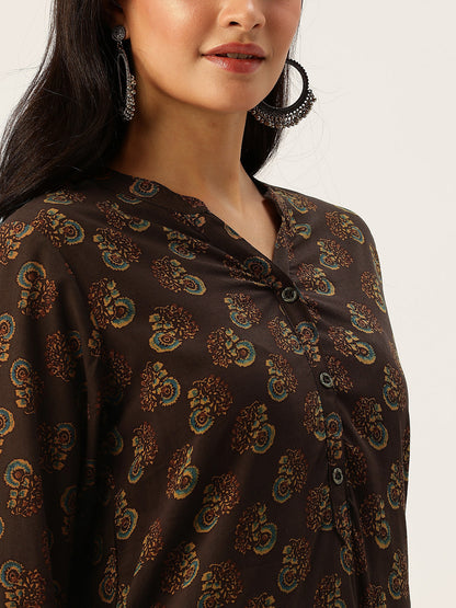 Brown Butti Printed Mandarin Collar Tunic