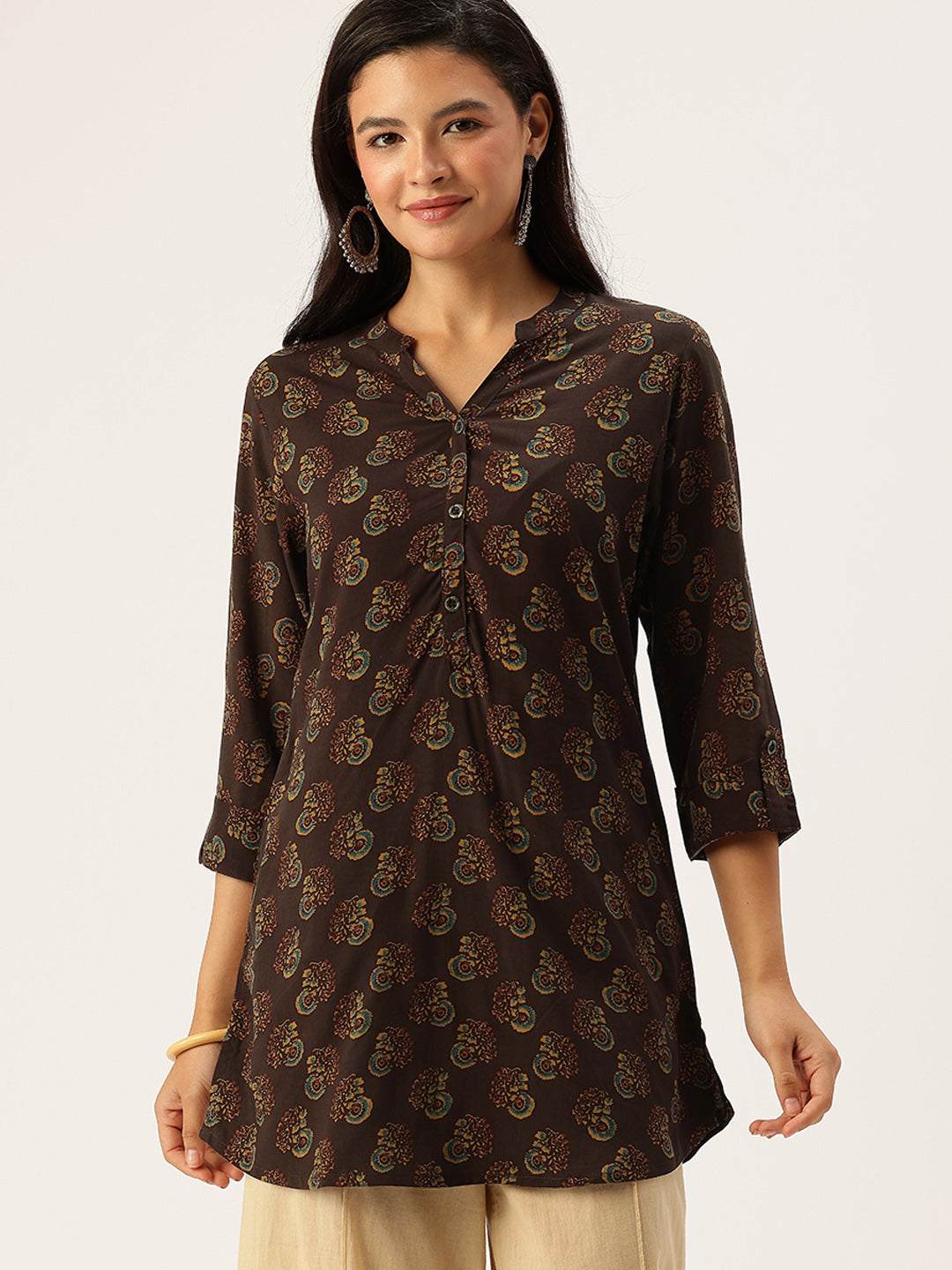 Brown Butti Printed Mandarin Collar Tunic