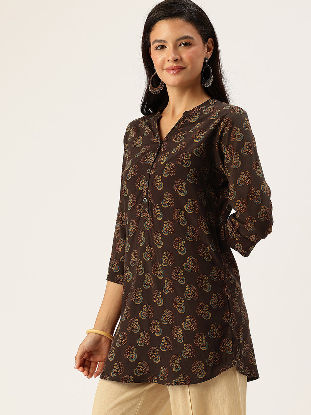 Brown Butti Printed Mandarin Collar Tunic
