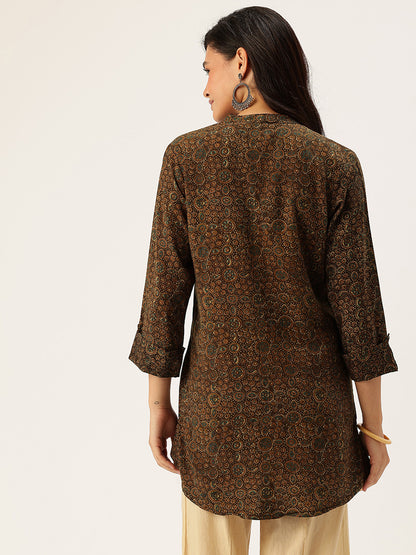 Brown Geometric Printed Mandarin Collar Tunic