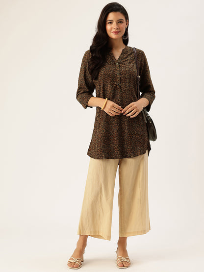 Brown Geometric Printed Mandarin Collar Tunic