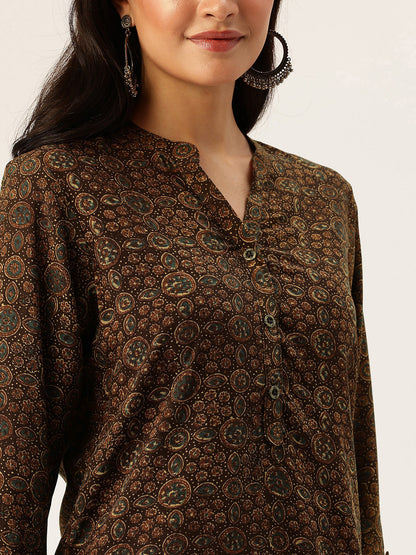 Brown Geometric Printed Mandarin Collar Tunic