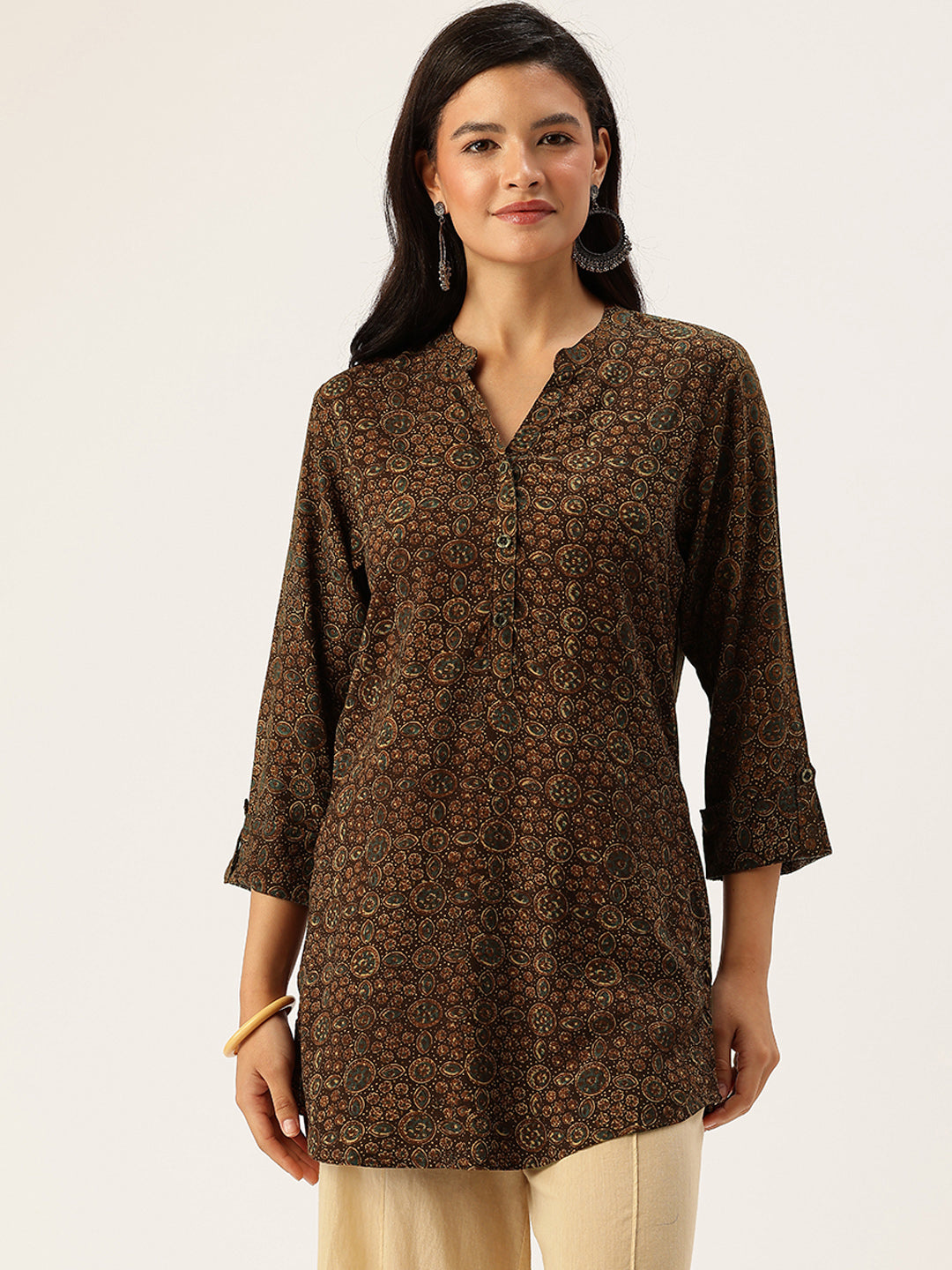 Brown Geometric Printed Mandarin Collar Tunic