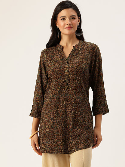 Brown Geometric Printed Mandarin Collar Tunic