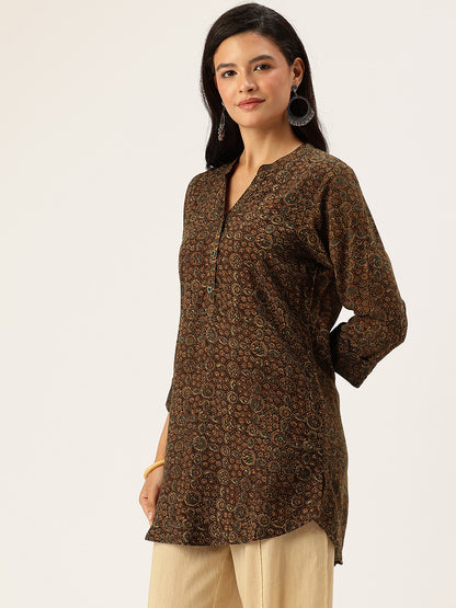 Brown Geometric Printed Mandarin Collar Tunic