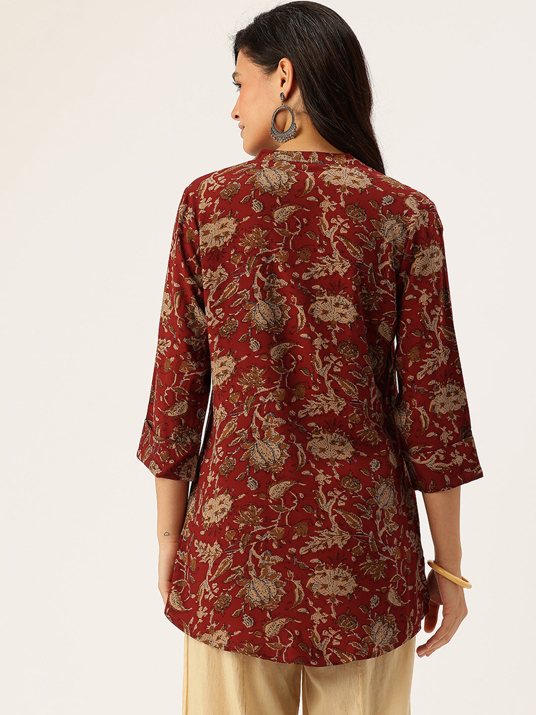 Maroon Floral Printed Mandarin Collar Tunic