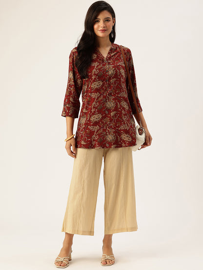 Maroon Floral Printed Mandarin Collar Tunic
