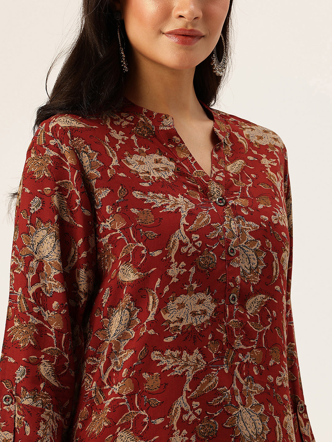 Maroon Floral Printed Mandarin Collar Tunic
