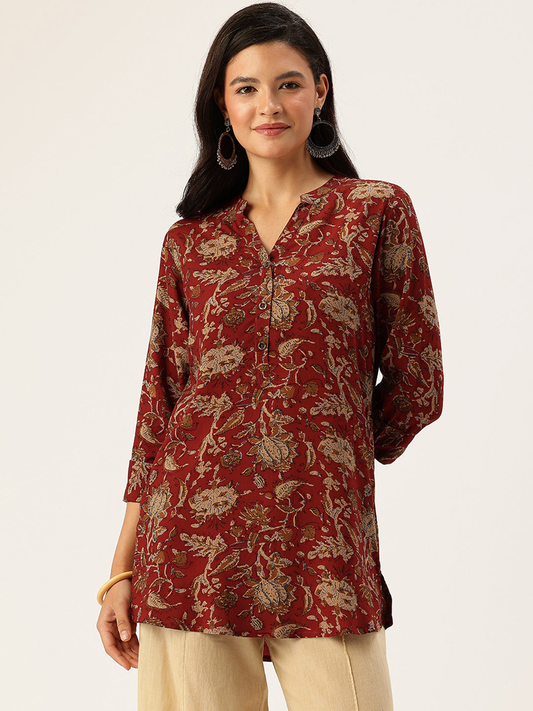 Maroon Floral Printed Mandarin Collar Tunic