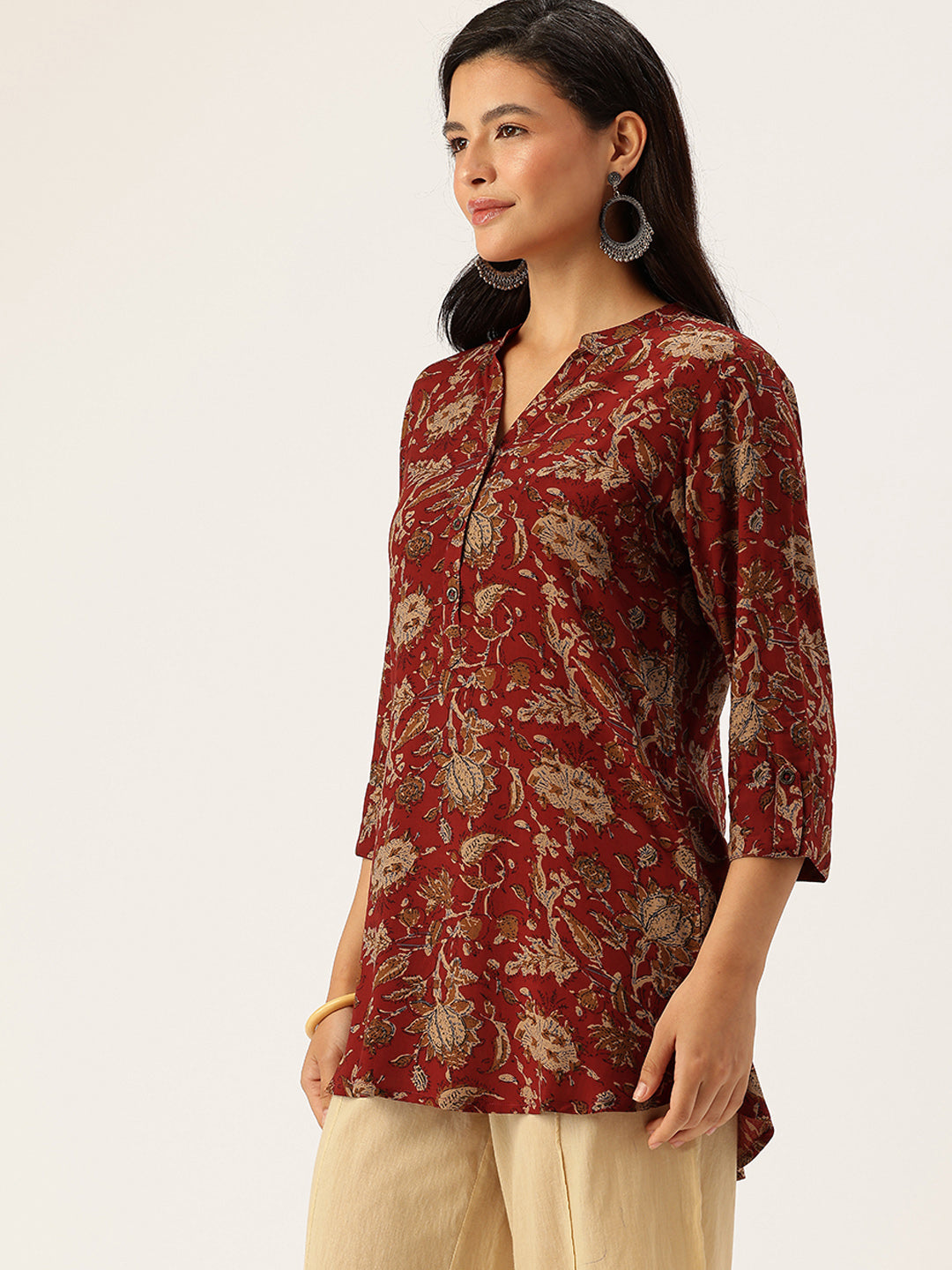 Maroon Floral Printed Mandarin Collar Tunic