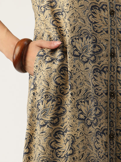 Grey Floral Printed A - Line Kurta