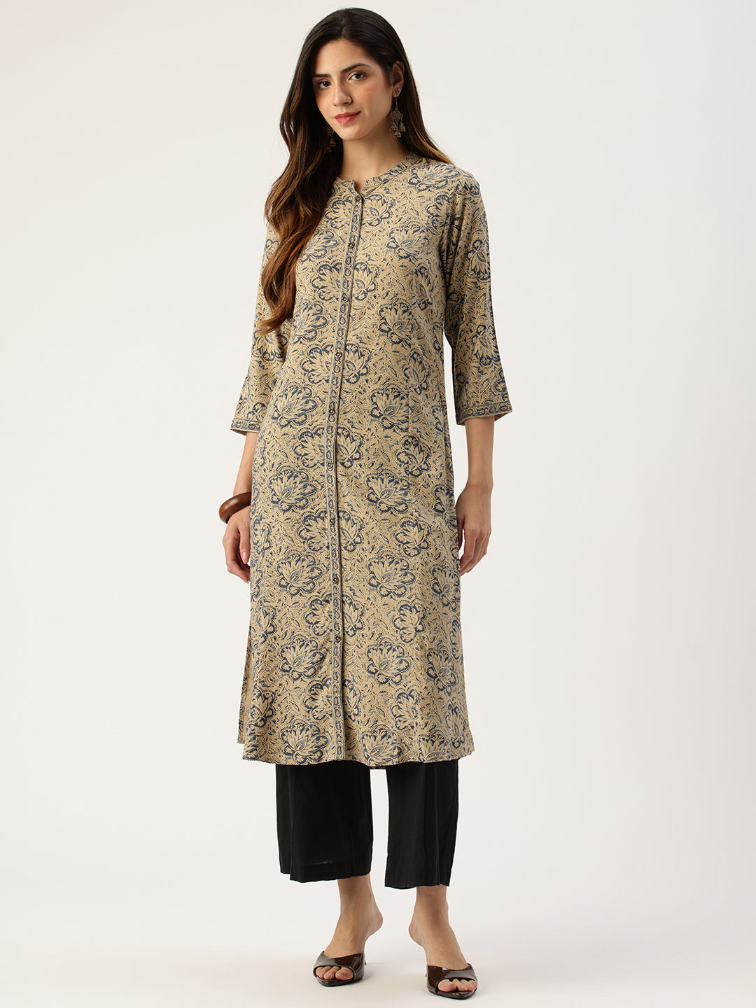 Grey Floral Printed A - Line Kurta