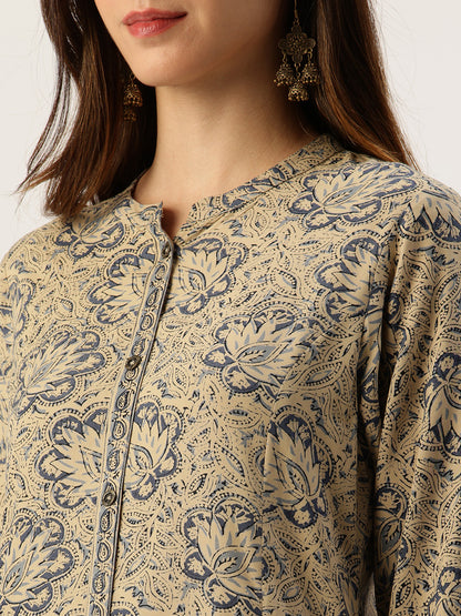 Grey Floral Printed A - Line Kurta