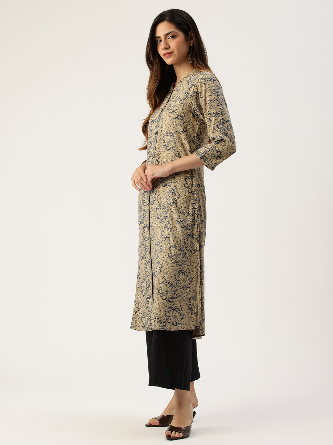 Grey Floral Printed A - Line Kurta