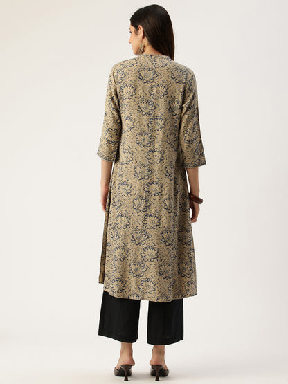 Grey Floral Printed A - Line Kurta