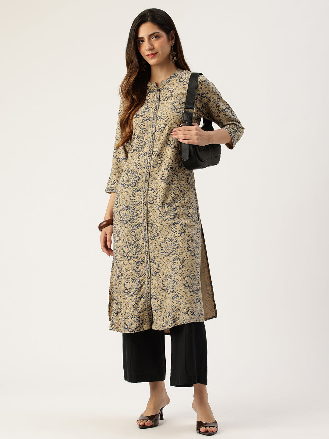 Grey Floral Printed A - Line Kurta