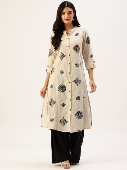 Beige Printed A-line Kurta