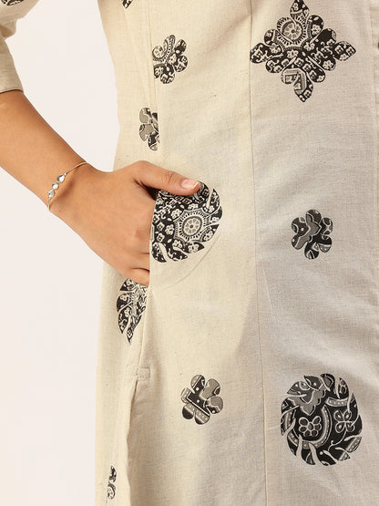 Beige Printed A-line Kurta
