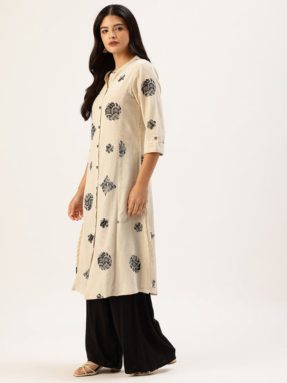 Beige Printed A-line Kurta