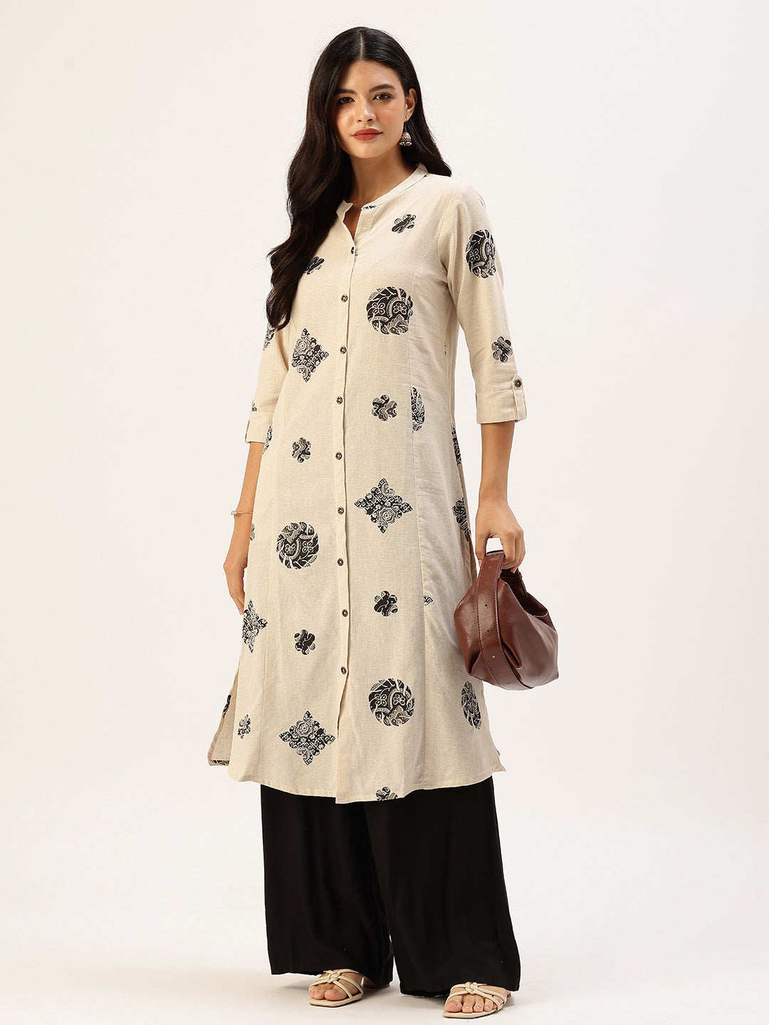 Beige Printed A-line Kurta