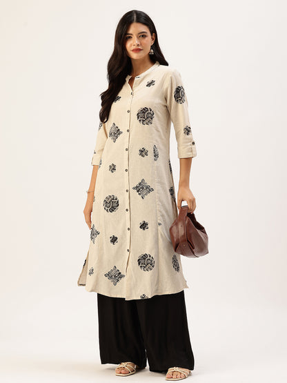 Beige Printed A-line Kurta
