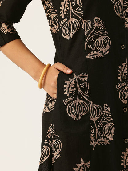 Black Floral Printed A-line Kurta
