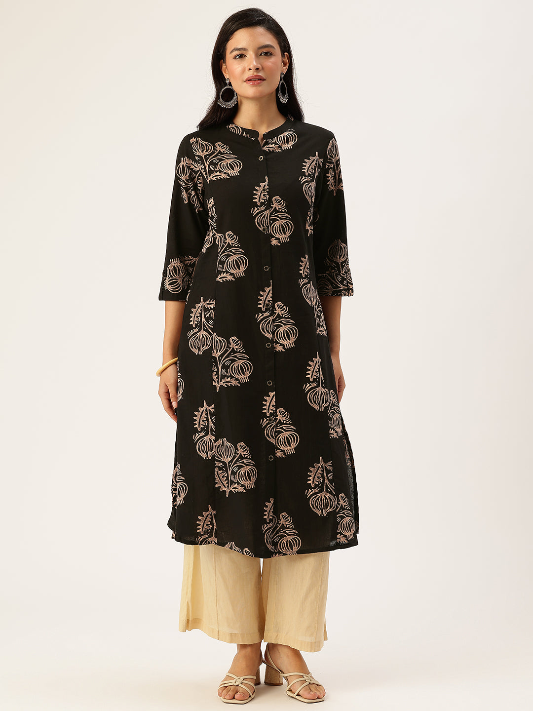 Black Floral Printed A-line Kurta