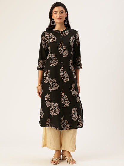 Black Floral Printed A-line Kurta