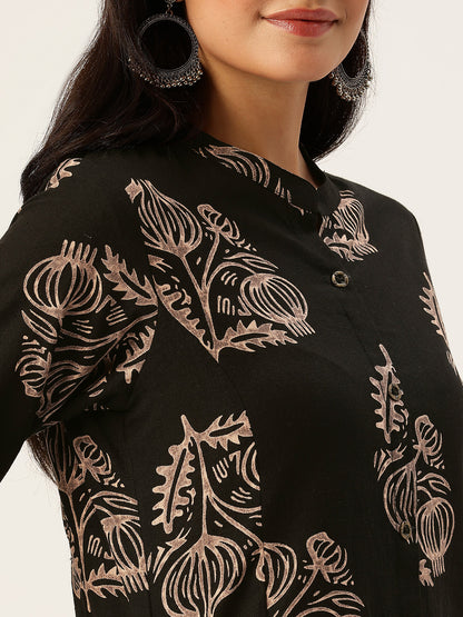 Black Floral Printed A-line Kurta