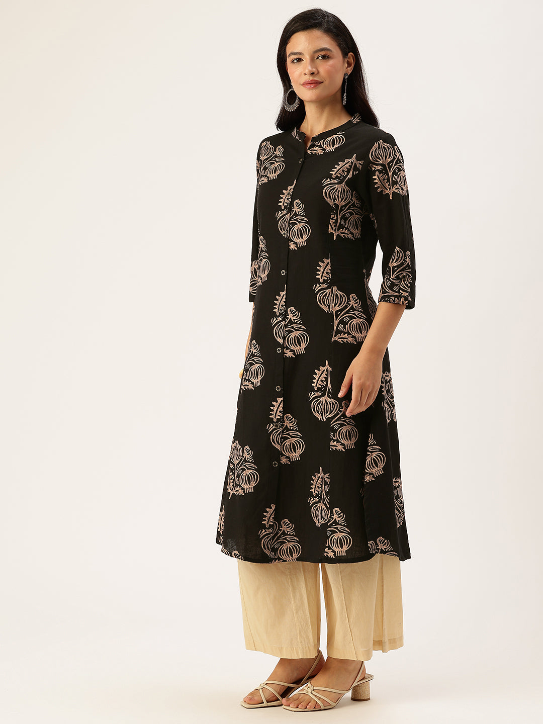 Black Floral Printed A-line Kurta