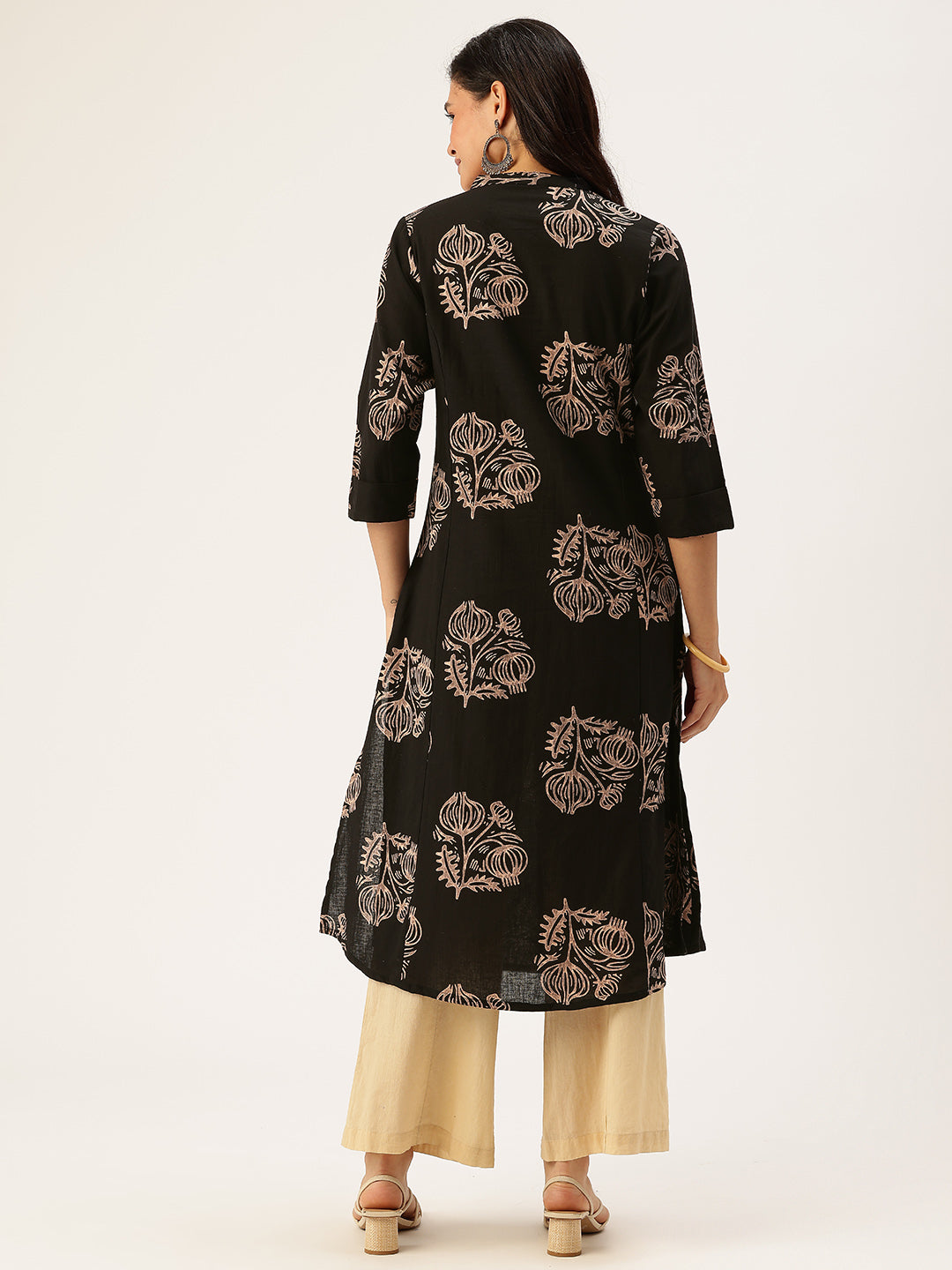 Black Floral Printed A-line Kurta
