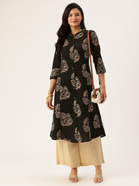 Black Floral Printed A-line Kurta