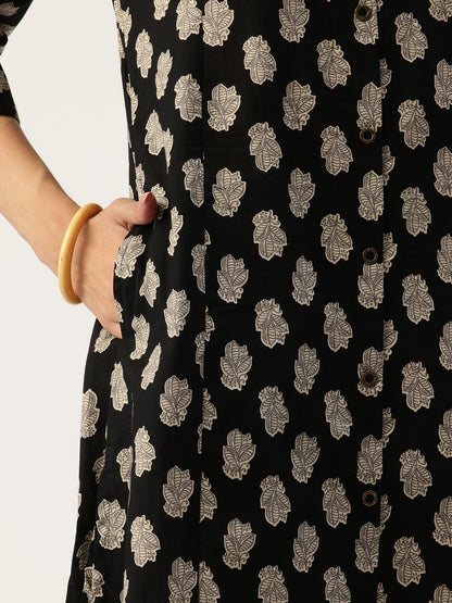Black Floral Printed A Line Kurta