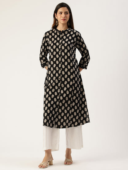 Black Floral Printed A Line Kurta