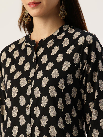 Black Floral Printed A Line Kurta