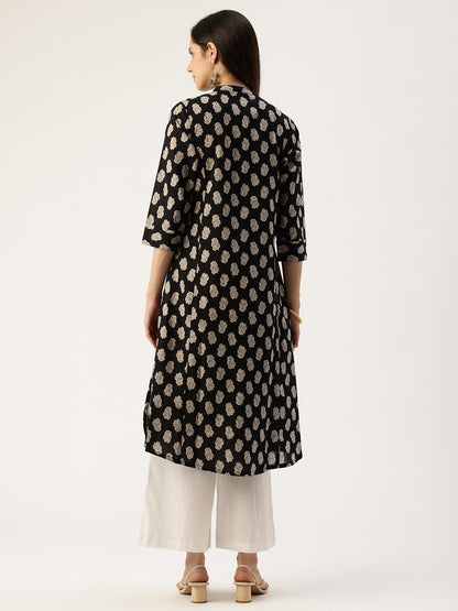 Black Floral Printed A Line Kurta