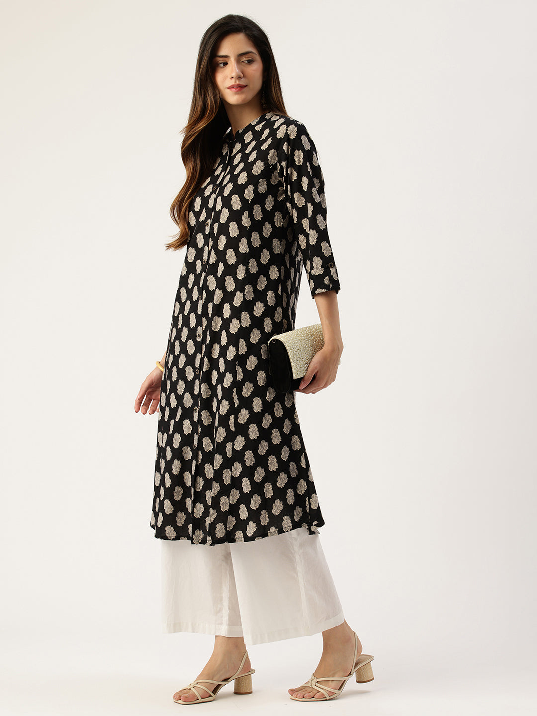 Black Floral Printed A Line Kurta