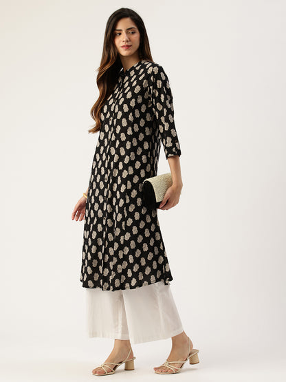 Black Floral Printed A Line Kurta