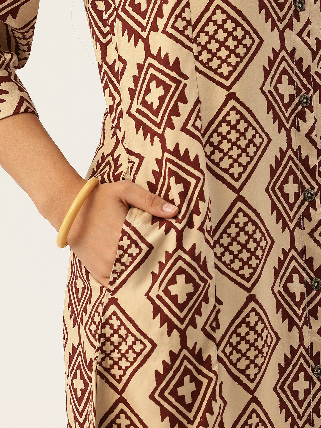 Beige Geometric Printed A - Line Kurta