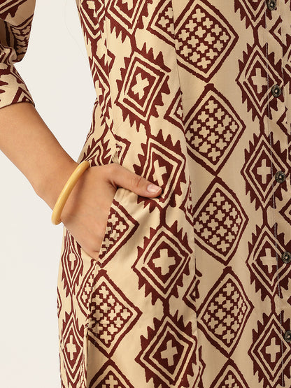 Beige Geometric Printed A - Line Kurta
